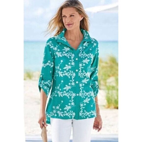 Soft Surroundings Tops - SOFT SURROUNDINGS Green‎ Embroidered Roll Tab Sleeve Tunic Linen  Blouse Sz PS